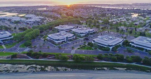 Aerial flyover View Of buildings in Silicon Valley, San Francisco Stock Footage