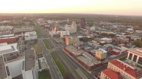 Aerial footage above Durham, NC at sunset in the spring of 2016. Stock Footage