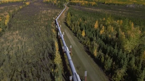 Aerial footage of the Alaska oil pipeline in the fall season, Dalton Highway Stock Footage