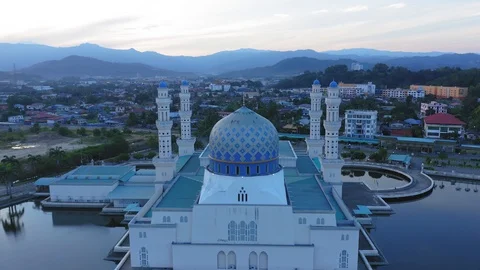 Aerial footage of beautiful mosque of Kota Kinabalu, Sabah, Malaysia. Stock Footage