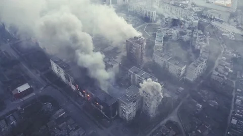 Aerial footage of bombing of Kyiv. House explosions in Ukraine. Real War. Stock Footage