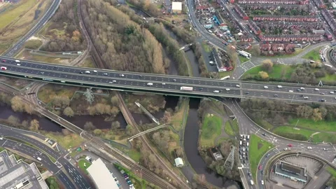 Aerial footage of a busy motorway known as M1 located in Sheffield in the UK  Stock Footage