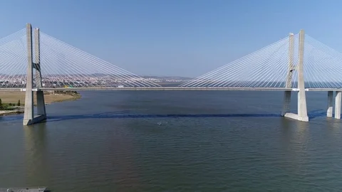 Aerial footage of cable-stayed bridge Vasco da Gama Bridge 4k Stock Footage 82869111