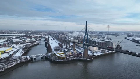 Aerial footage of cable-stayed bridge Köhlbrandbrücke. Stock Footage 326094188