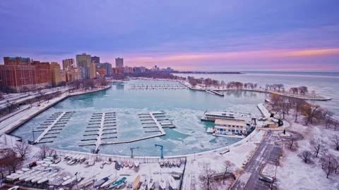 Aerial footage capturing Chicago’s Loop district at cold winter dawn. Stock Footage 331836223