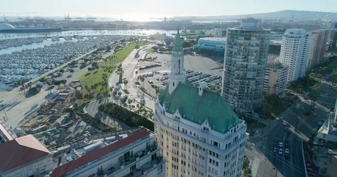 Aerial footage circling the skyline of Long Beach, California Stock Footage