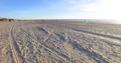 Aerial footage of the coastline in Netherland. Drone flying along sand beach Stock Footage