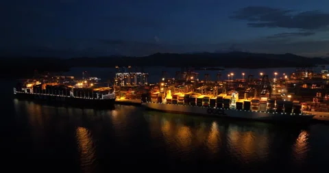 Aerial footage of container terminal at night in Shenzhen city, China Stock-Footage 199596653
