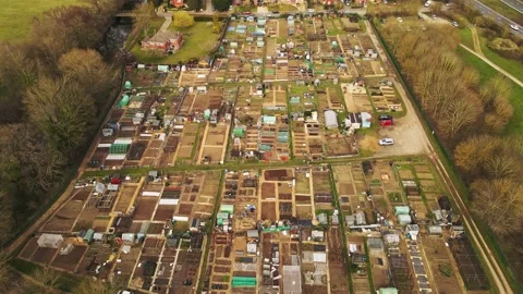 Aerial footage descending over a patchwork of vegetable allotme Video stock 150979711
