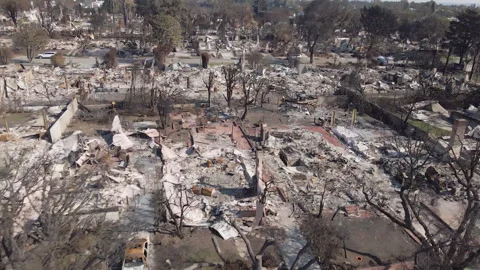 Aerial footage of devastation and aftermath of Pacific Palisades Fire Video stock 300577677