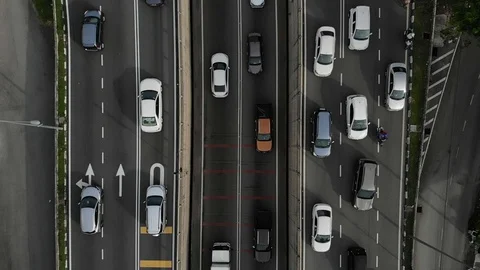 Aerial footage of the different level of lane traffic condition in slow motion Stock Footage