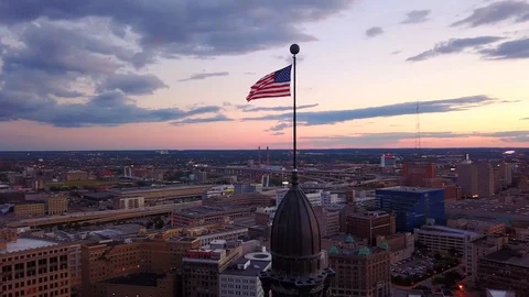 Aerial Footage of Downtown Milwaukee at Sunset Stock Footage