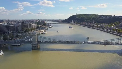 Aerial footage from a drone shows the historical Buda Castle near the Danube on Stock Footage