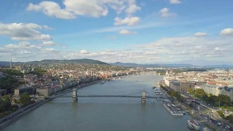 Aerial footage from a drone shows the historical Buda Castle near the Danube on Stock Footage