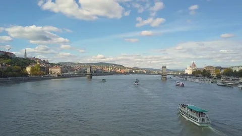 Aerial footage from a drone shows the historical Buda Castle near the Danube on Stock Footage