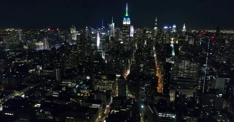 Aerial Footage of the Empire State Building at Night, NYC Stock Footage