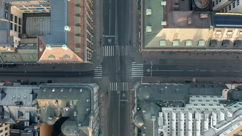 Aerial footage of empty urban intersection during Coronavirus Covid-19 outbreak Stock Footage 128923377