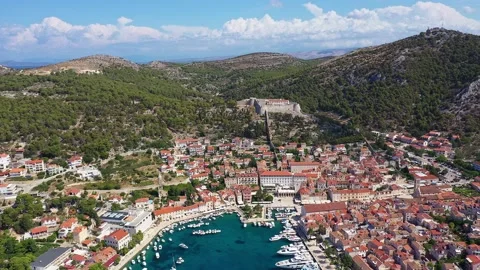 Aerial footage of the famous Hvar old town Stock Footage