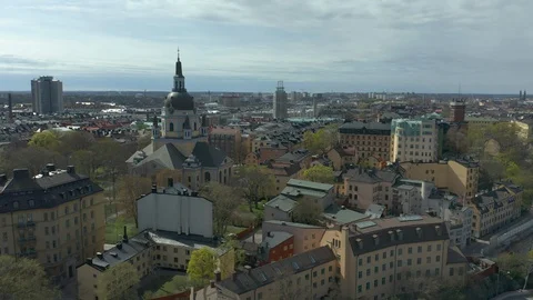 Aerial footage flying over Sodermalm, Stockholm City Stock Footage 129908688