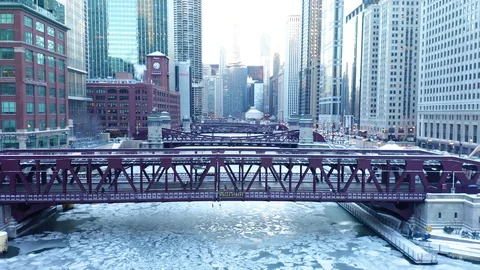 Aerial footage of Frozen Chicago River during 2019 Polar Vortex Stock Footage