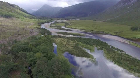Aerial footage of Glen Etive at summer, Scottish Highlands, United Kingdom Stock Footage