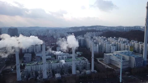 Aerial footage of high smoke stack Stock Footage 180351189