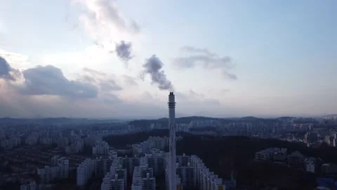 Aerial footage of high smoke stack Stock Footage 180360513