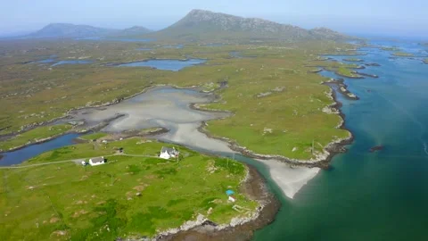 Aerial footage of landscape of Benbecula, Outer Hebrides, Scotland, UK Stock Footage 190832065
