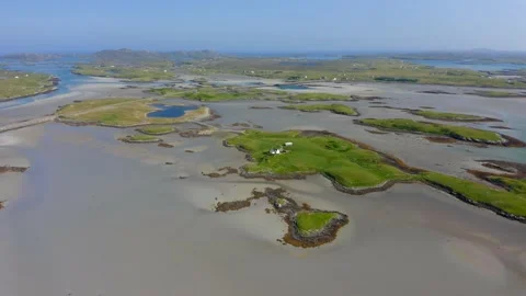 Aerial footage of landscape of Benbecula, Outer Hebrides, Scotland, UK Stock Footage 190832472