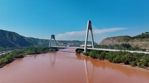 Aerial Footage of lanzhou Yellow River Bridge and lanzhou Yellow River Bridge Stock Footage 325004953