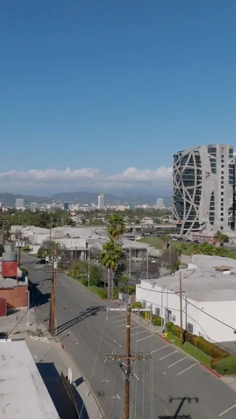 Aerial footage of low flat roofed business halls in urban borough. Modern design Stock Footage 337413897