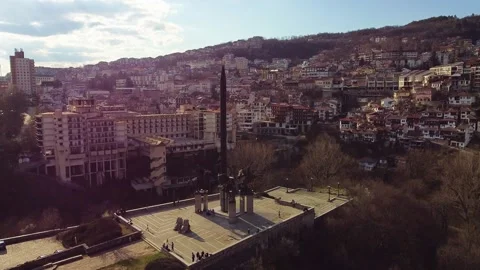 Aerial footage of monument in Veliko Tarnovo, Bulgaria Stock Footage