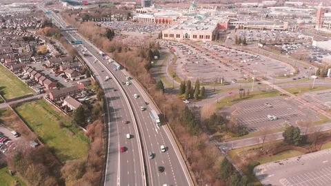 Aerial footage of Motorway and Trafford Centre Stock Footage