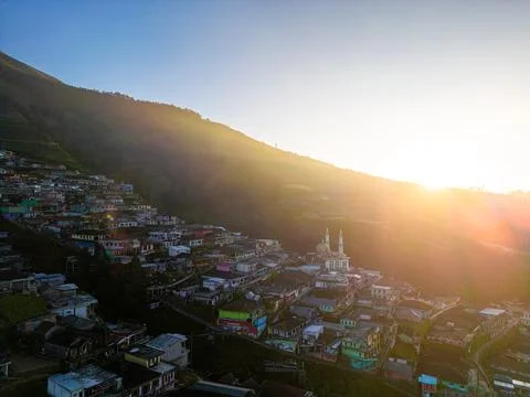 Aerial footage of Nepal Van Java, a colorful village on Mount Sumbing. The .. Fotos Stock