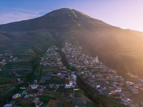 Aerial footage of Nepal Van Java, a colorful village on Mount Sumbing. The hi Photos