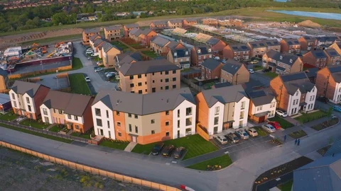 Aerial footage of the new housing estate at Waverley, Sheffield, UK Stock Footage
