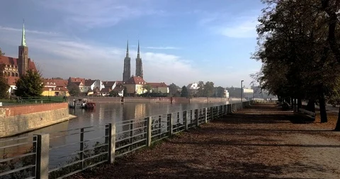 Aerial footage of Oder River in Wroclaw on a sunny morning Stock Footage 118956976