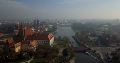 Aerial footage of Oder River in Wroclaw on a sunny morning Stock Footage 119042011