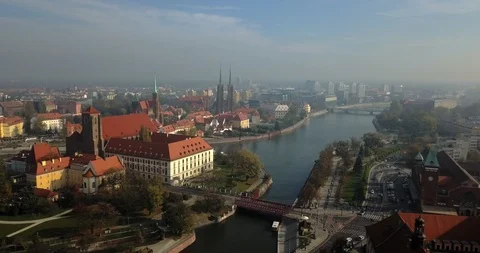 Aerial footage of Oder River in Wroclaw on a sunny morning Stock Footage 119042017