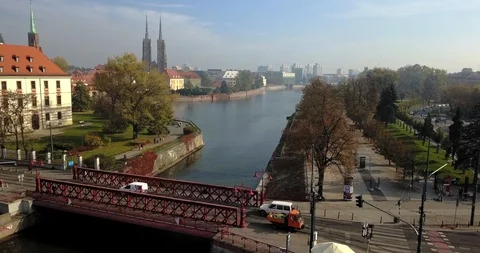 Aerial footage of Oder River in Wroclaw on a sunny morning Stock Footage 119042029
