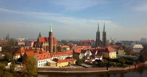 Aerial footage of Oder River in Wroclaw on a sunny morning Stock Footage 119042045