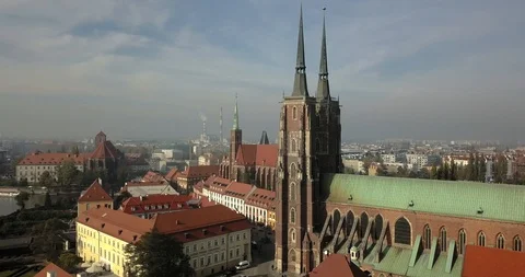 Aerial footage of Oder River in Wroclaw on a sunny morning Stock Footage 119042093