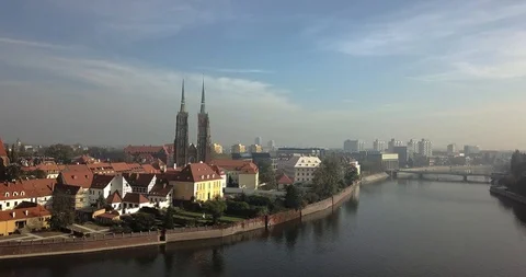 Aerial footage of Oder River in Wroclaw on a sunny morning Stock Footage 119042102