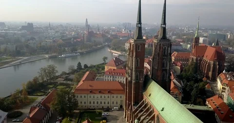 Aerial footage of Oder River in Wroclaw on a sunny morning Stock Footage 119042105