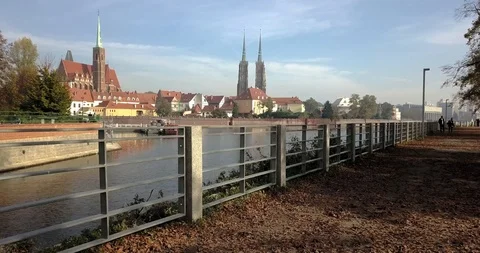Aerial footage of Oder River in Wroclaw on a sunny morning Stock Footage 119042112