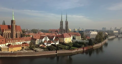 Aerial footage of Oder River in Wroclaw on a sunny morning Stock Footage 119042121