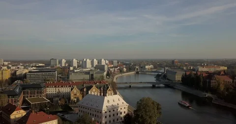 Aerial footage of Oder River in Wroclaw on a sunny morning Stock Footage 119042129