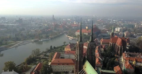 Aerial footage of Oder River in Wroclaw on a sunny morning Stock Footage 119042131