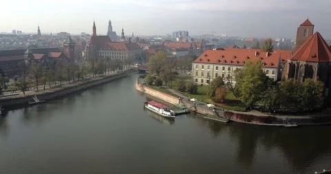 Aerial footage of Oder River in Wroclaw on a sunny morning Stock Footage 119042132