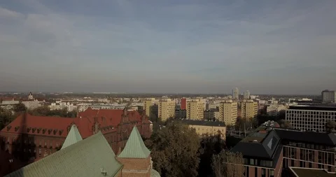 Aerial footage of Oder River in Wroclaw on a sunny morning Stock Footage 119042281